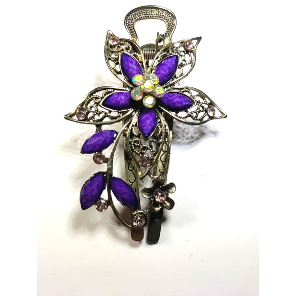 Hair Barrette Clip Gold Tone Purple Shiny Rhinestones Elegant Wedding Pageant - Picture 4 of 6